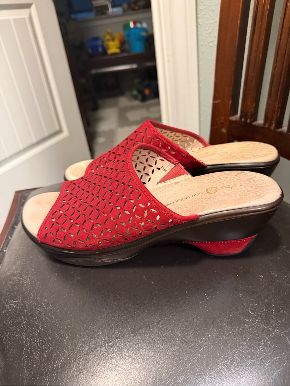 Jambu Red Laser-Cut Slip-On Wedge Mules